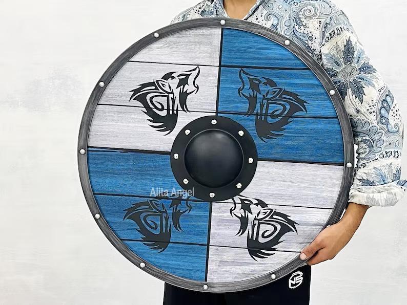 Wolf Design Viking Shield: Hand Carved Wooden Battleworn Shield