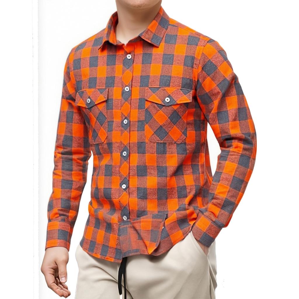 Męska codzienna i modna flanelowa koszula w kratę z długim rękawem, klapami i zapinana na guziki