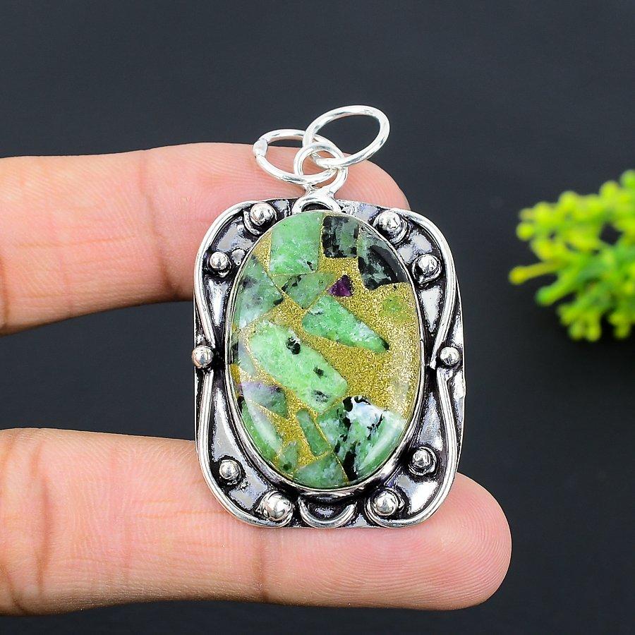 Ruby Zosite Lab-Created Handmade 925 Sterling Silver Jewelry Pendant 2.25" P9z64