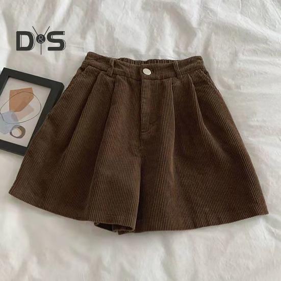 Vintage-Cord-Damen-Shorts, elastisch, hohe Taille, Knopf, Reißverschluss, Shorts, Taschen, weites Bein, kurze Hose