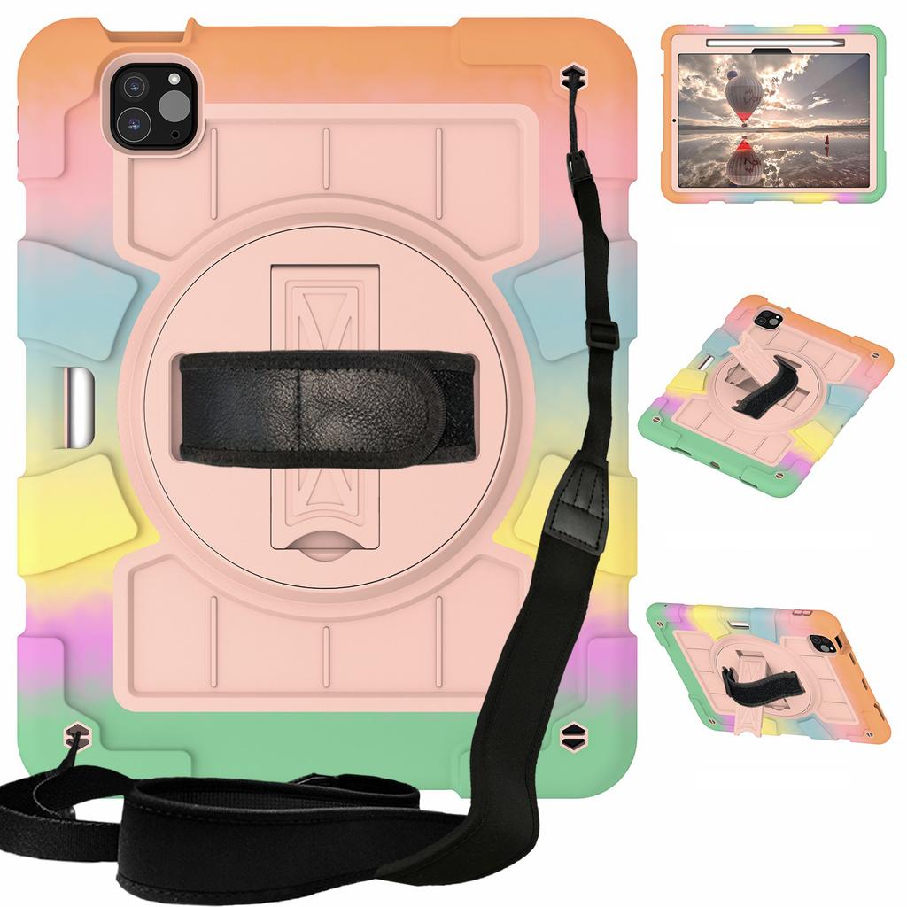 For iPad Pro 11 (2024) Kickstand Case with Shoulder Strap Rotating Hand Strap PC+TPU Tablet Cover