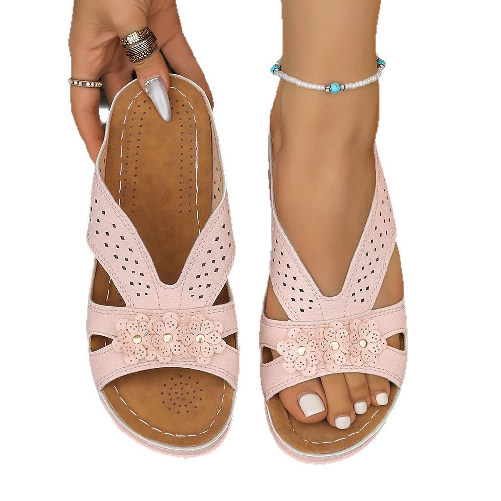 Fashion Female Shoes Low Ladies' Slippers Fretwork Heels Platform Big Size On A Wedge 2025 Summer Rome Fabric Rubber Slides PU Hoof