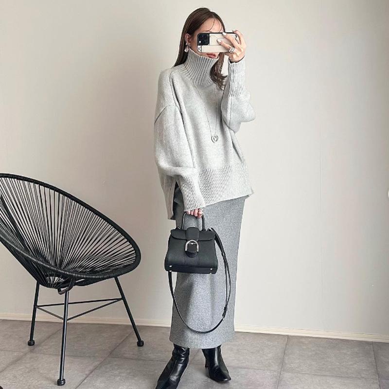 2024 Autumn/Winter Women's Simple High-Neck Slit Sweater In Stock