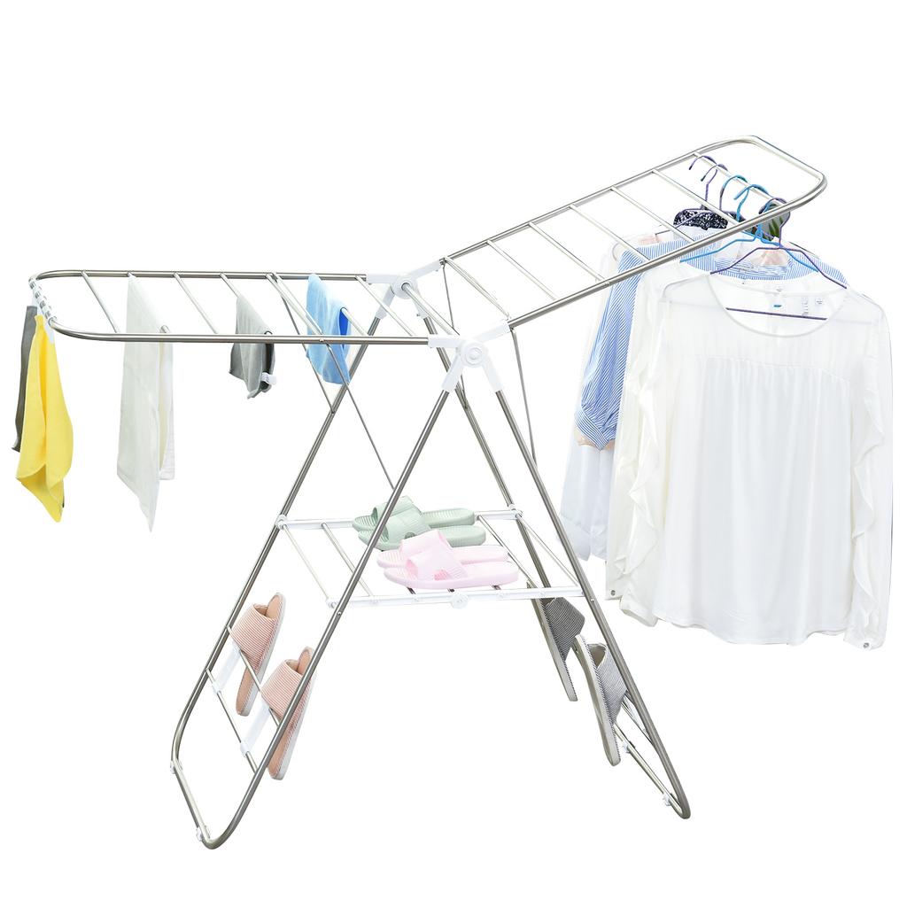 Clothes Airer 1.48 M Drying Length Portable Standing Dryer with Telescopic Rods, Wing Clothes Airer Clothes Dryer for Indoor and Outdoor, Silver+White