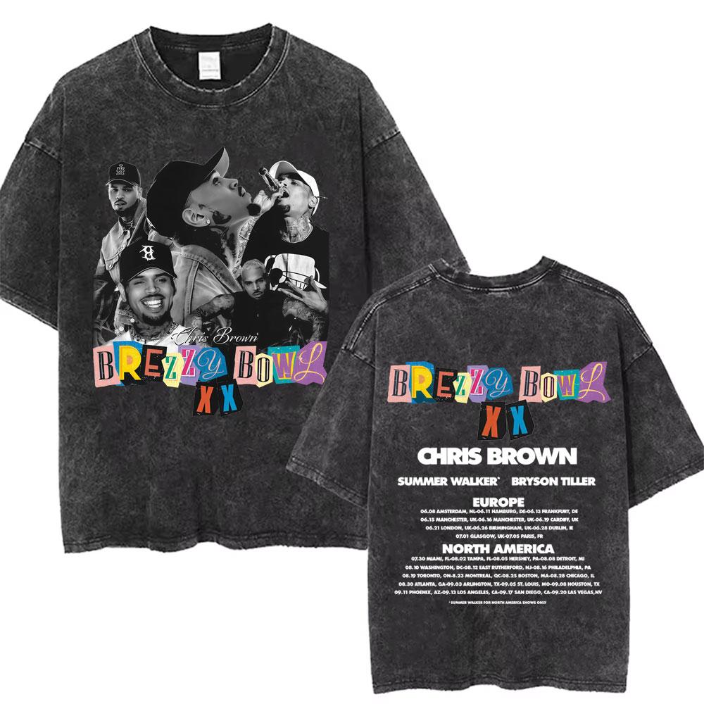 Rapper Chris Brown Breezy Bowl XX Tour  Vintage Washed Tshirts Men Women Hip Hop Fashion T Shirts Male Cotton Retro Tshirt