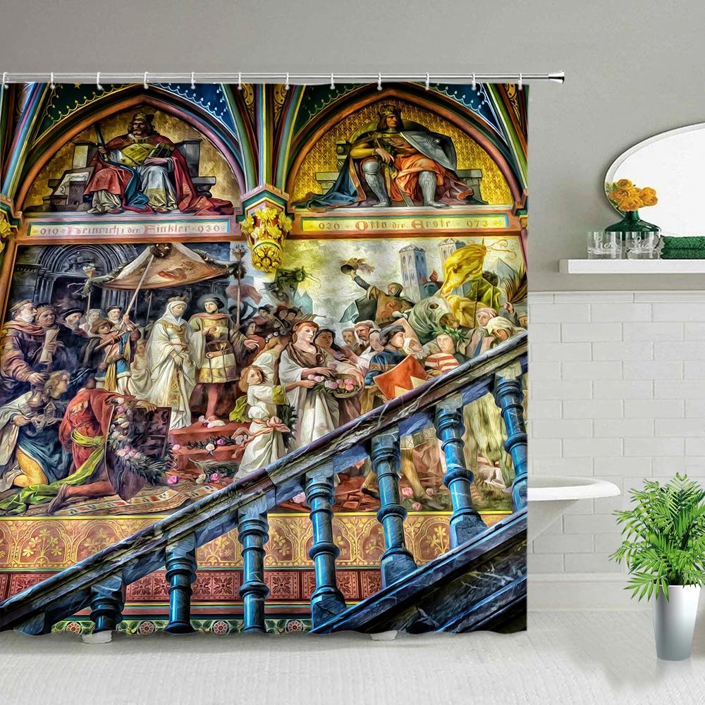 European Style Religious Oil Painting Shower Curtains Art Bathroom Decoration Waterproof Bathtub Home Decor Cloth Curtain Set
