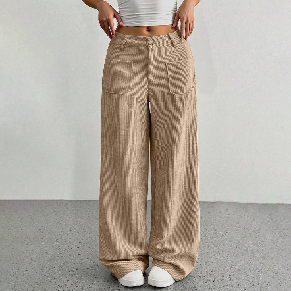 Corduroy Pants For Women Casual  Elastic Waist Straight Leg Pants Loose Comfy Trousers With Pockets