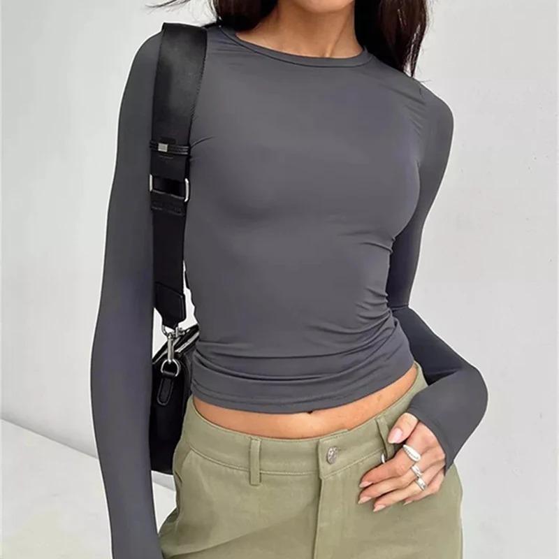 Autumn Women Slim Round Neck Cropped Tops Long Sleeve Show Navel Solid Temperament Color T-Shirt