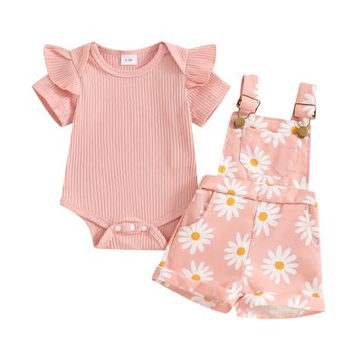 Ensemble short pour bébé fille, barboteuse à manches courtes avec short à bretelles imprimé fleuri, tenue d'été