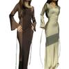 Spring Women Dress Solid Color Round Neck Long Horn Sleeve Satin Floor Length Tight Waist Soft Breathable Evening Dress Prom Party Maxi Dress