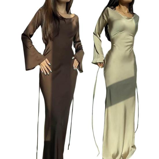 Spring Women Dress Solid Color Round Neck Long Horn Sleeve Satin Floor Length Tight Waist Soft Breathable Evening Dress Prom Party Maxi Dress