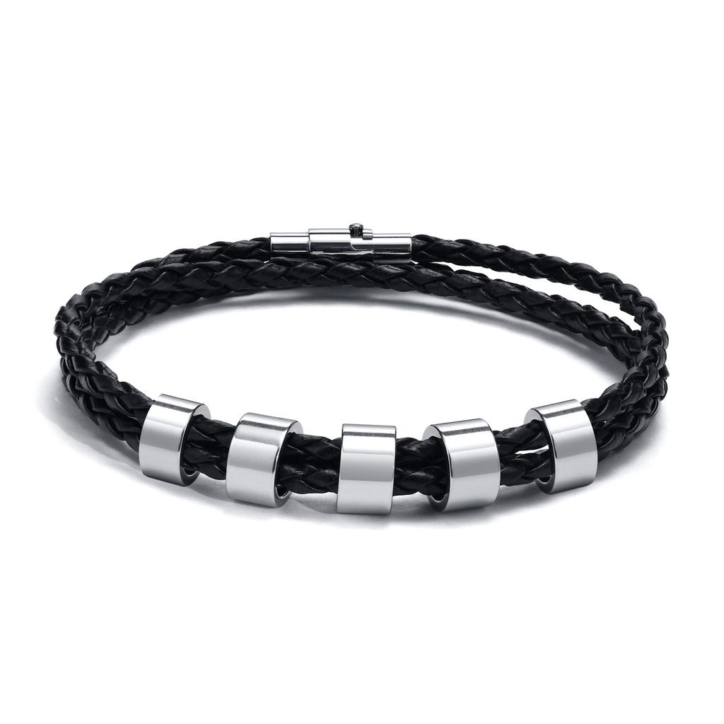 Vnox Free Custom Name Mens Braided Genuine Leather Bracelet Gifts Jewelry,Stainless Steel Beads Charm with Family Names,Dad Gift