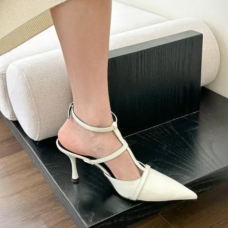 Shoes Heels Blue Pumps 2024 Pointed Wedge Sandals Ladies Slingback Orange Retro Straps Beige Latest Low Casual Women Shoes Pumps