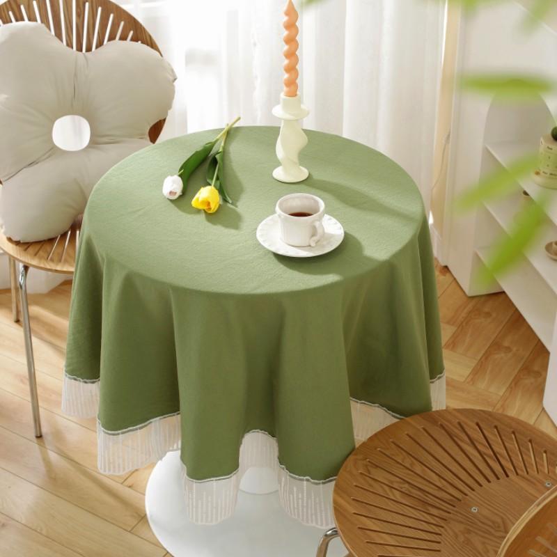 Dustproof Round Tablecloth With Elegant Lace Edge And Cotton Fabric Kitchen Decor Party Table Decoration Machine Washable