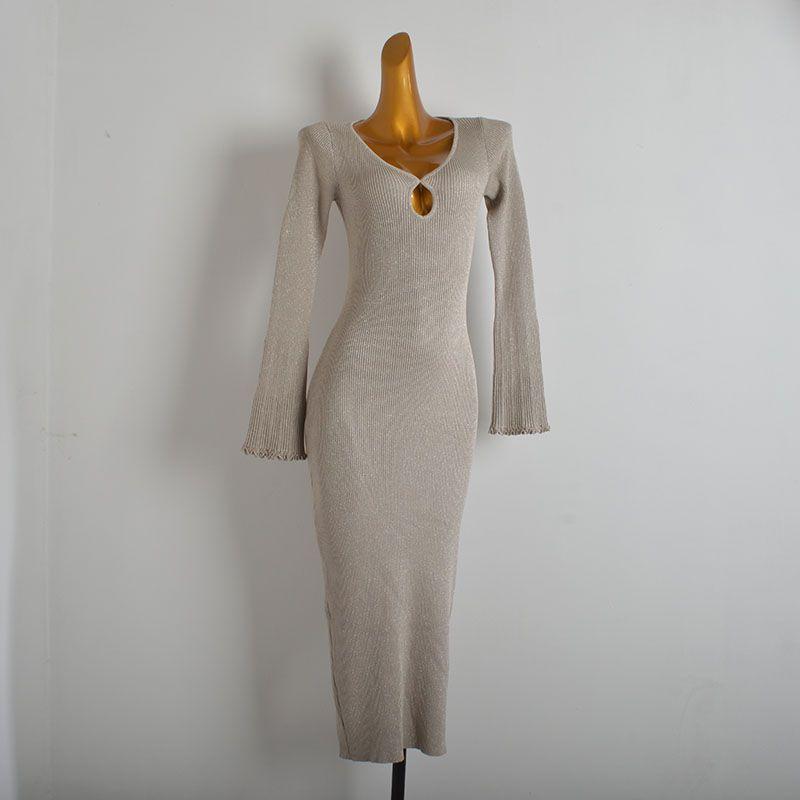 

Foreign Trade Order Gold and Silver Silk V-neck Sexy Hollow Bell Sleeve Knitted dress Women clothes Spring and Autumn Slim fit Split Long dress Figure Color XS