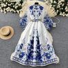 Gorgeous Flower Print Chiffon Lantern Sleeve Splice Bandage Lace Up Wrap Dress Women's Cross V-Neck Thick Satin Boho Party Clothing