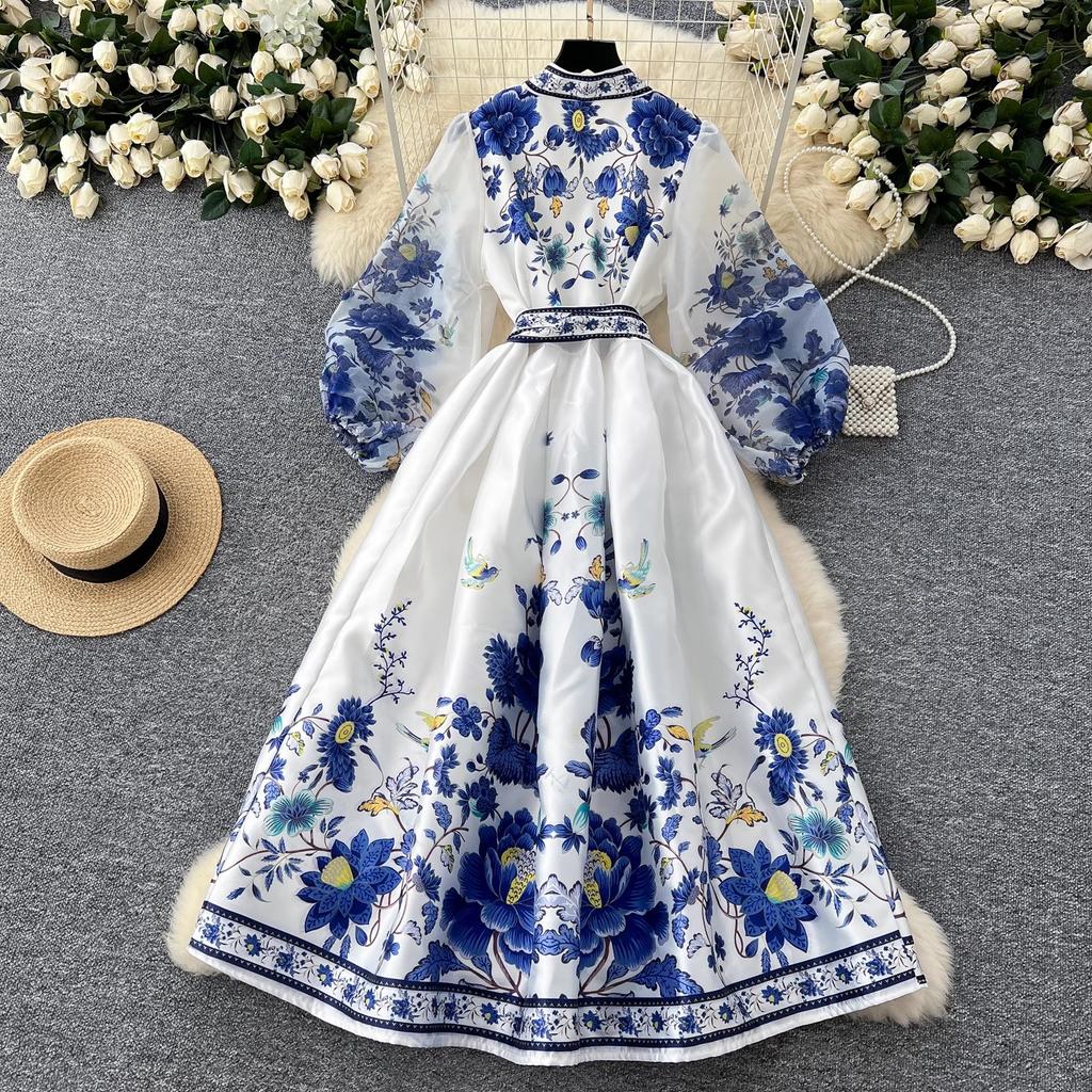 Gorgeous Flower Print Chiffon Lantern Sleeve Splice Bandage Lace Up Wrap Dress Women's Cross V-Neck Thick Satin Boho Party Clothing