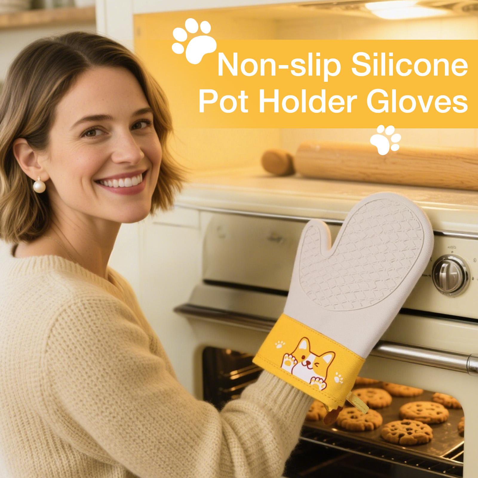 Oven Mitts Non-slip Silicone Kitchen Oven Gloves Double-layer Insulated Thick Cotton Lining Mittens Cute Dog Pattern For Pizza China Mainland