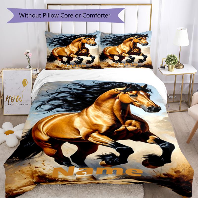 3pcs Custom Name Horse Bedding Set Duvet Cover Closure Includes 1 Duvet Cover & 2 Pillowcases, Soft and Comfortable for All Seasons.