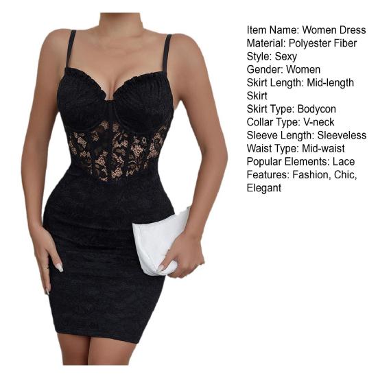 Kvinners Sexy Spaghettistropp Bodycon Mini Kjole V-hals Blomsterblonder Gjennomsiktig Camikjole Fest Klubb Cocktailkjole