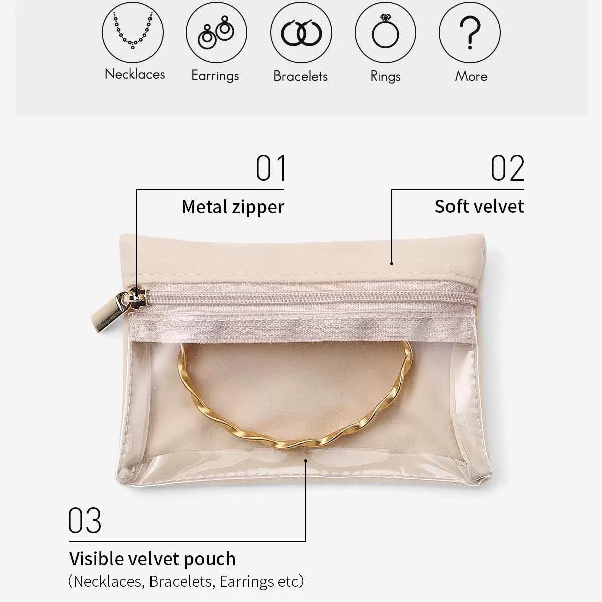 

1pc Travel Jewelry Storage Bag - Transparent Velvet Zipper Bag, Suitable for Necklaces, Bracelets and Watches, Beige Fabric