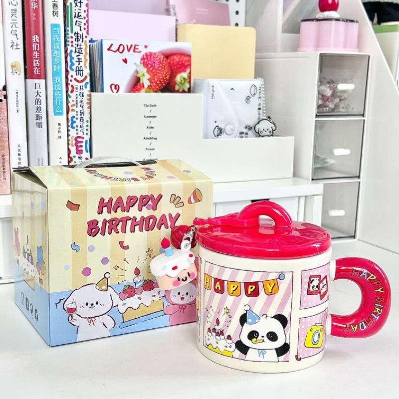 Cute cartoon mug girl gives girlfriend birthday gift puppy cake ceramic cup couple water cup with lid spoon