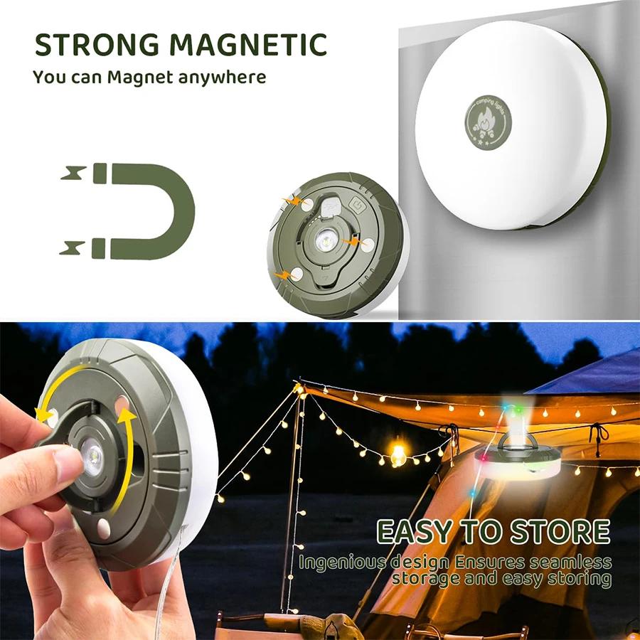 Outdoor LED Camping String Light Rechargeable/Solar Portable Stowable Camping String Lamp For Hiking Garden BBQ Party Tent Decor