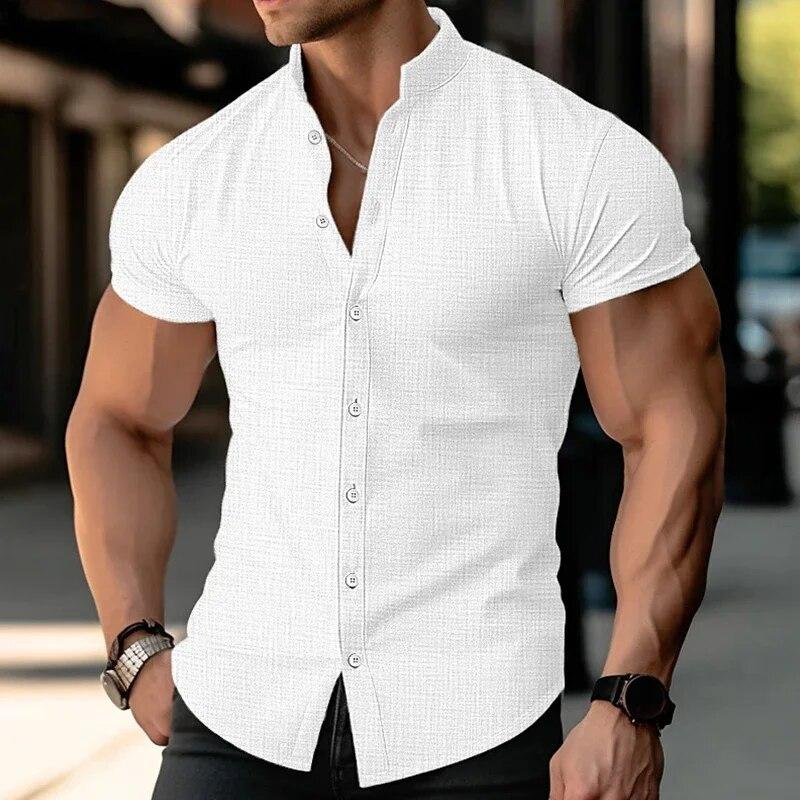 Letní pánská košile s krátkým rukávem Směs bavlny Prodyšná jednobarevná košile s límečkem na knoflíky Business Casual košile pro dojíždění