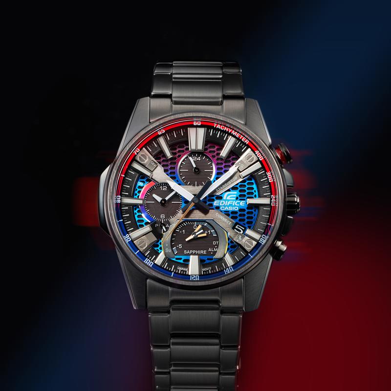Casio EDIFICE Series Hot Color Gradient Series Casual Retro Fashion Classic Three Eyes Solar Quartz Movement Steel Strap Japanese and EQB-1200YHG-1APR
