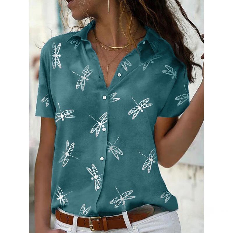 

Женская рубашка, летняя рубашка с короткими рукавами и принтом в виде цветка стрекозы L синий