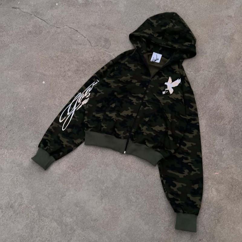 Camouflage Print Hooded Cardigan Sweatshirt Set Long Sleeve Loose Fit Streetwear Teens