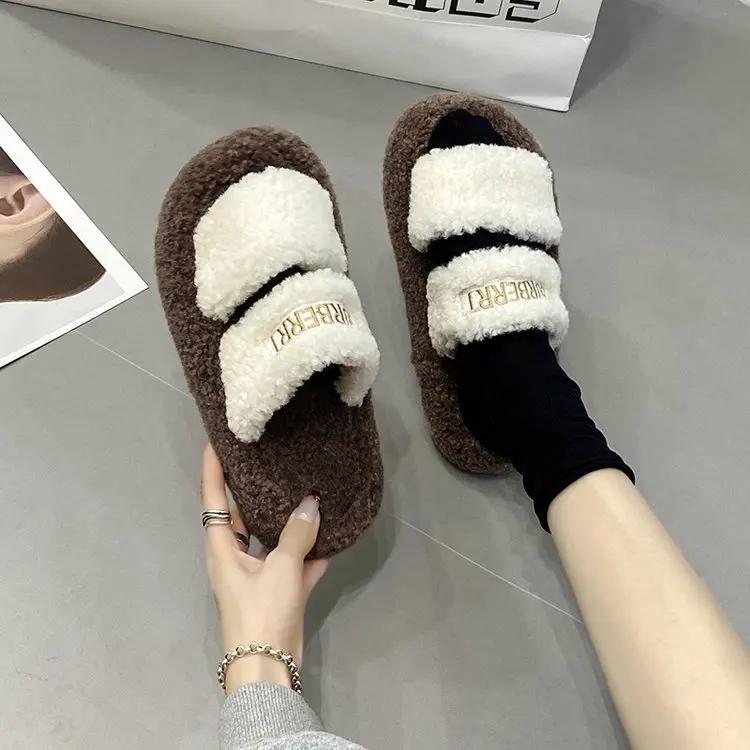Fashion 2024 New Mao Slippers for Female Outwear Autumn and Winter Korean Thick Sole One Line Drag Girl Fairy Style Cotton Drag Ins