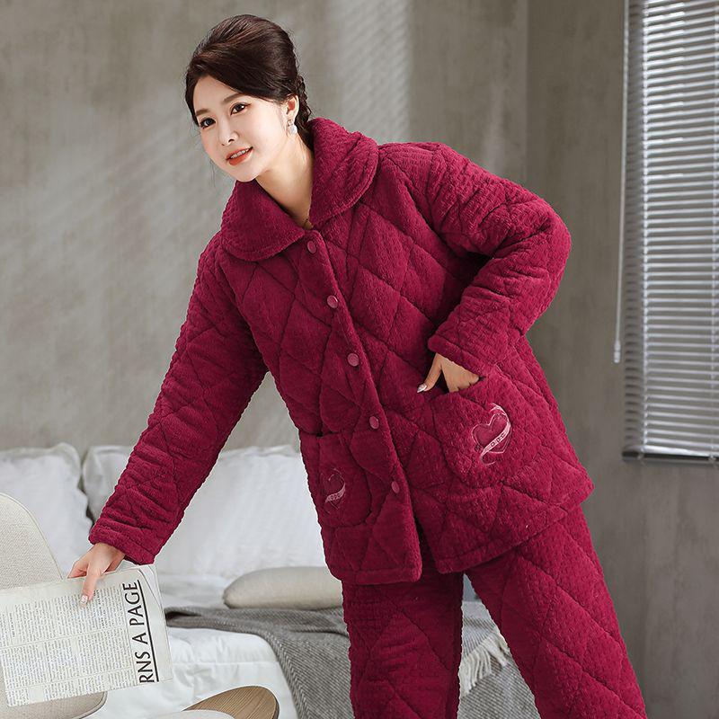 Damen Winter Korallfleece Gesteppter Pyjama - Dickes Flanell Warmes Hausanzug-Set für Mittelalte und Ältere Mütter