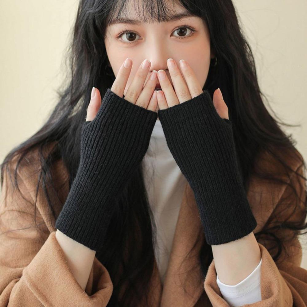 

Casual Thick Warm Knitted Gloves Solid Color Elastic Half Finger Mitten Soft Wrist Sleeves Winter Warmer чёрный