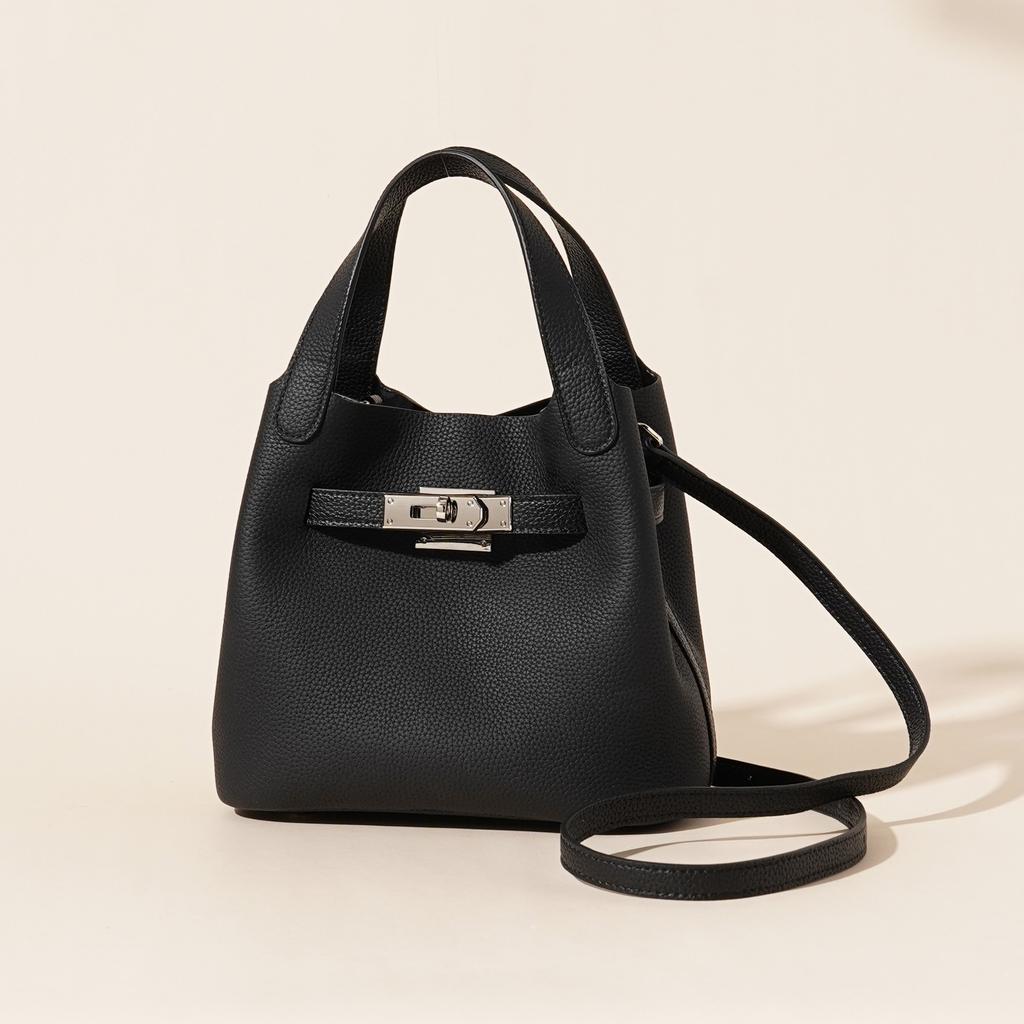 Real Leather Women's Bag, New Lychee Patterned Vegetable Basket Bag, Single Shoulder Crossbody Bag, Women's Armpit Bag, Water Bucket Bag
