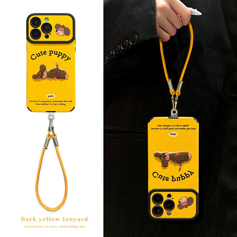 Embroidered puppy lanyard for Apple 17 series mobile phone case iphone15promax new 16 silicone sheepskin