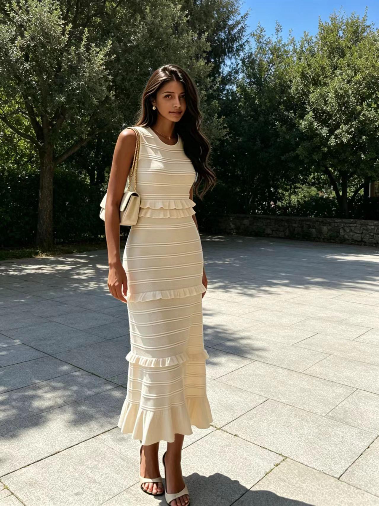 

European and American S home niche dress fungus pleated lace knitted long dress Spice girl off-the-shoulder super fairy dress XL