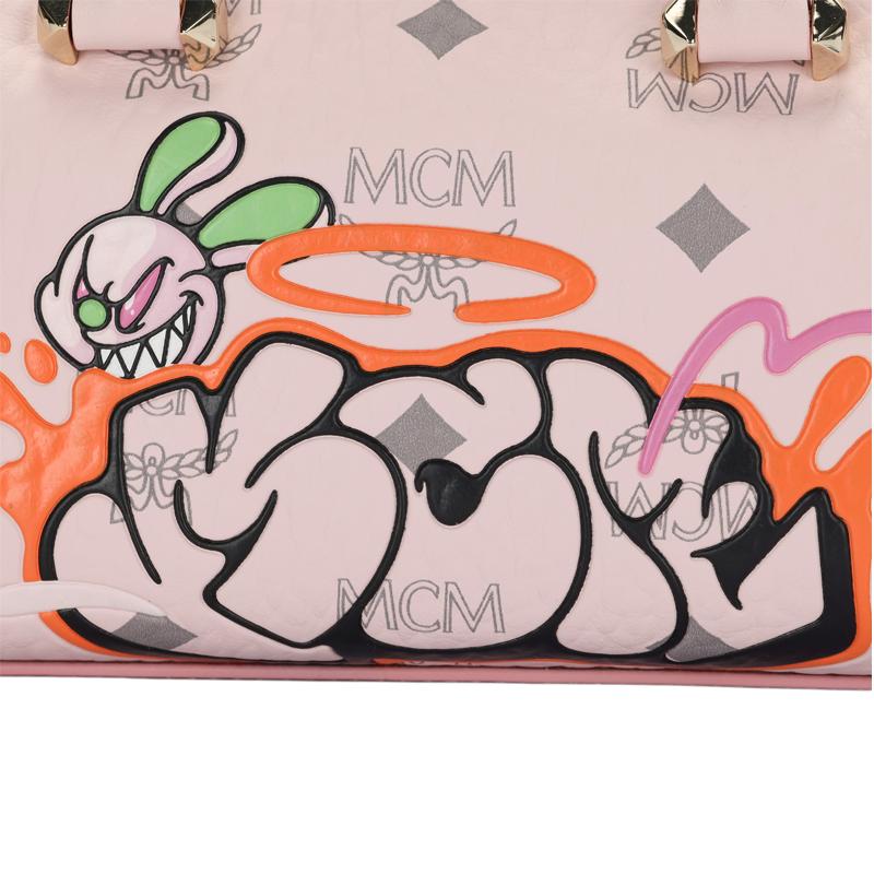 New MCM SAMBYPEN Collaboration Visetos Cow Leather Boston Bag, Shoulder Bag, Crossbody Bag Mini Women's Cherry Blossom Pink MWBBASP01QH001