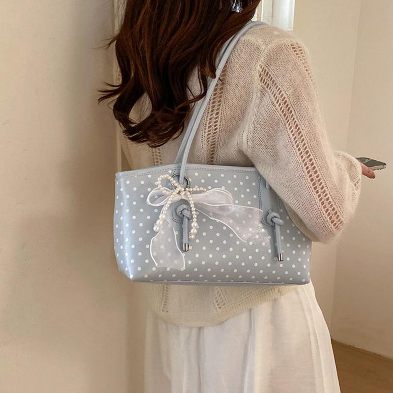 Korean Style Polka Dot Shoulder Bag For Women Elegant Underarm Bag With Pearl Bow Decor Large Capacity Daily Commuter Handbag