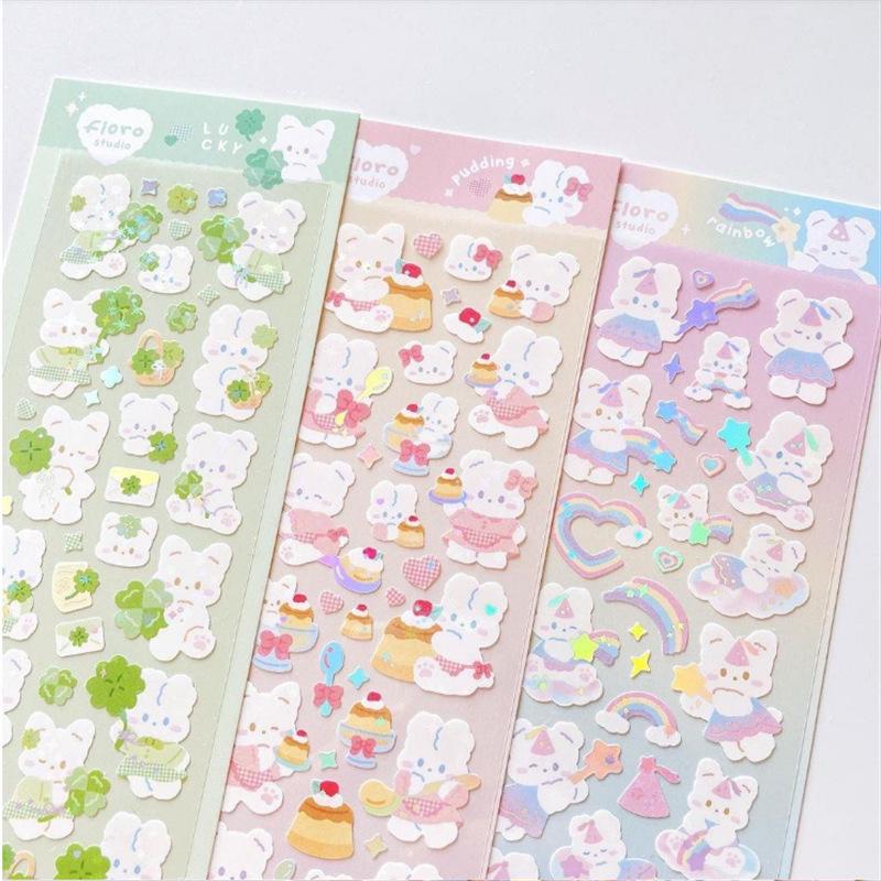 Gukka Korean Cute Rabbit & Four-Leaf Clover Glitter Stickers - Pudding & Rainbow DIY Stanning Set
