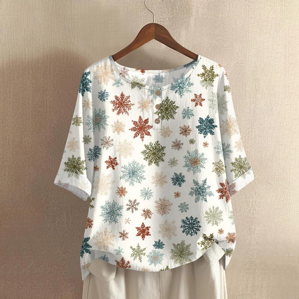 Women's Fashionable And Casual Shirt Half-sleeve Round Neck Print Cotton And Linen Blouse Top