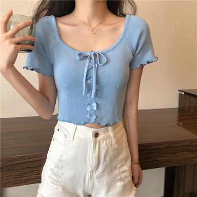 Square Collar Blue Knitted Short Sleeved Women's Summer Slim Fit Bow Thin High Waisted Versatile Short Base Top