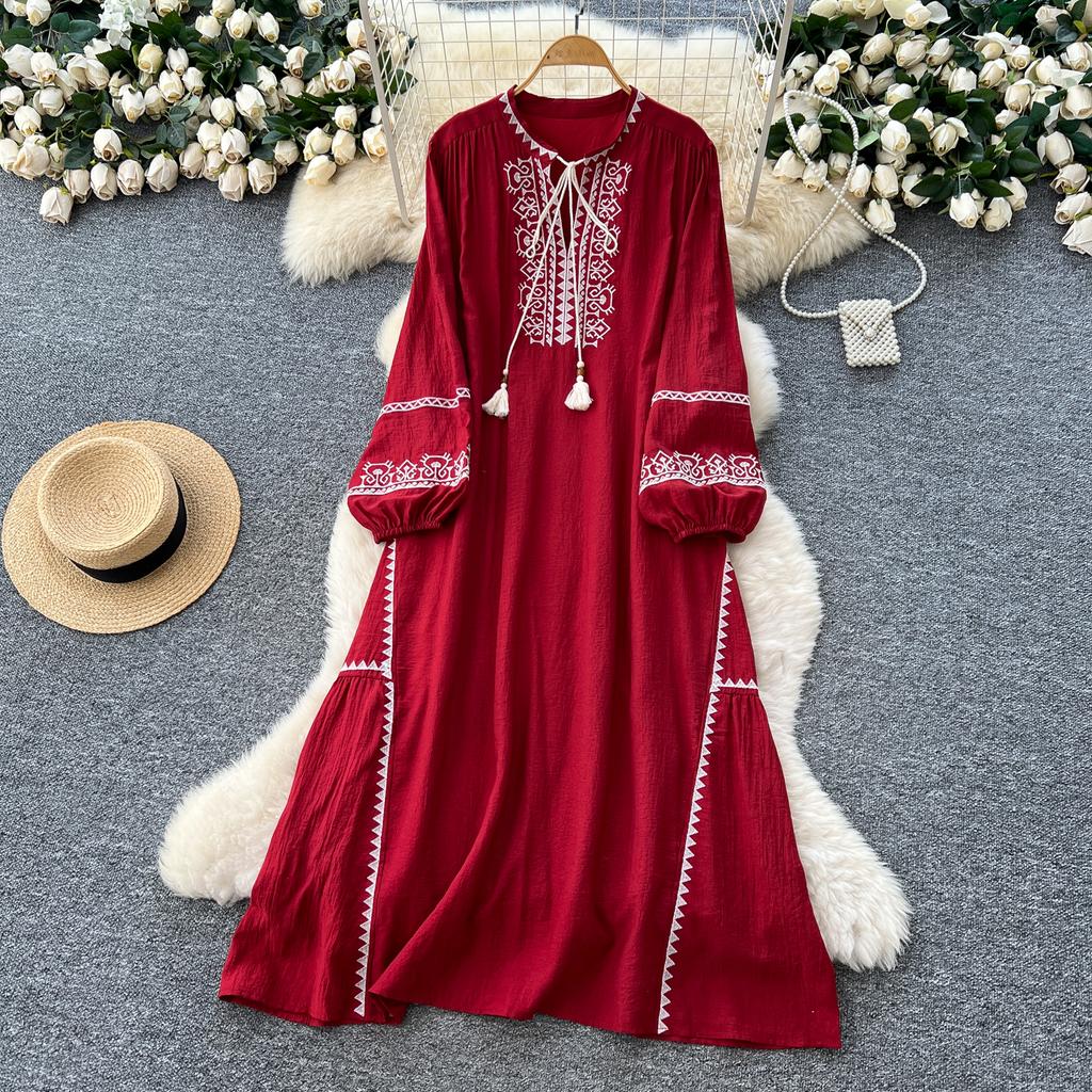Schickes Vintage Langarm Locker Schlank Elegant Fee Koreanische Mode Boho Sommerkleid Damenbekleidung Langes Kleid