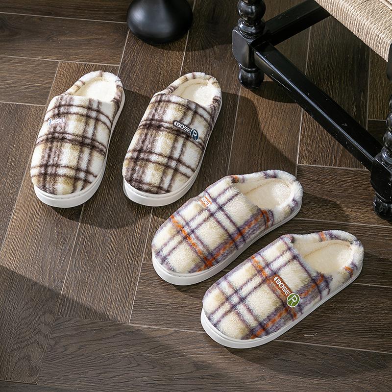 Home Cotton Slippers 2025 Winter New Indoor Home Velvet Warm Thick Bottom Non-slip Colored Plaid Cotton Mop