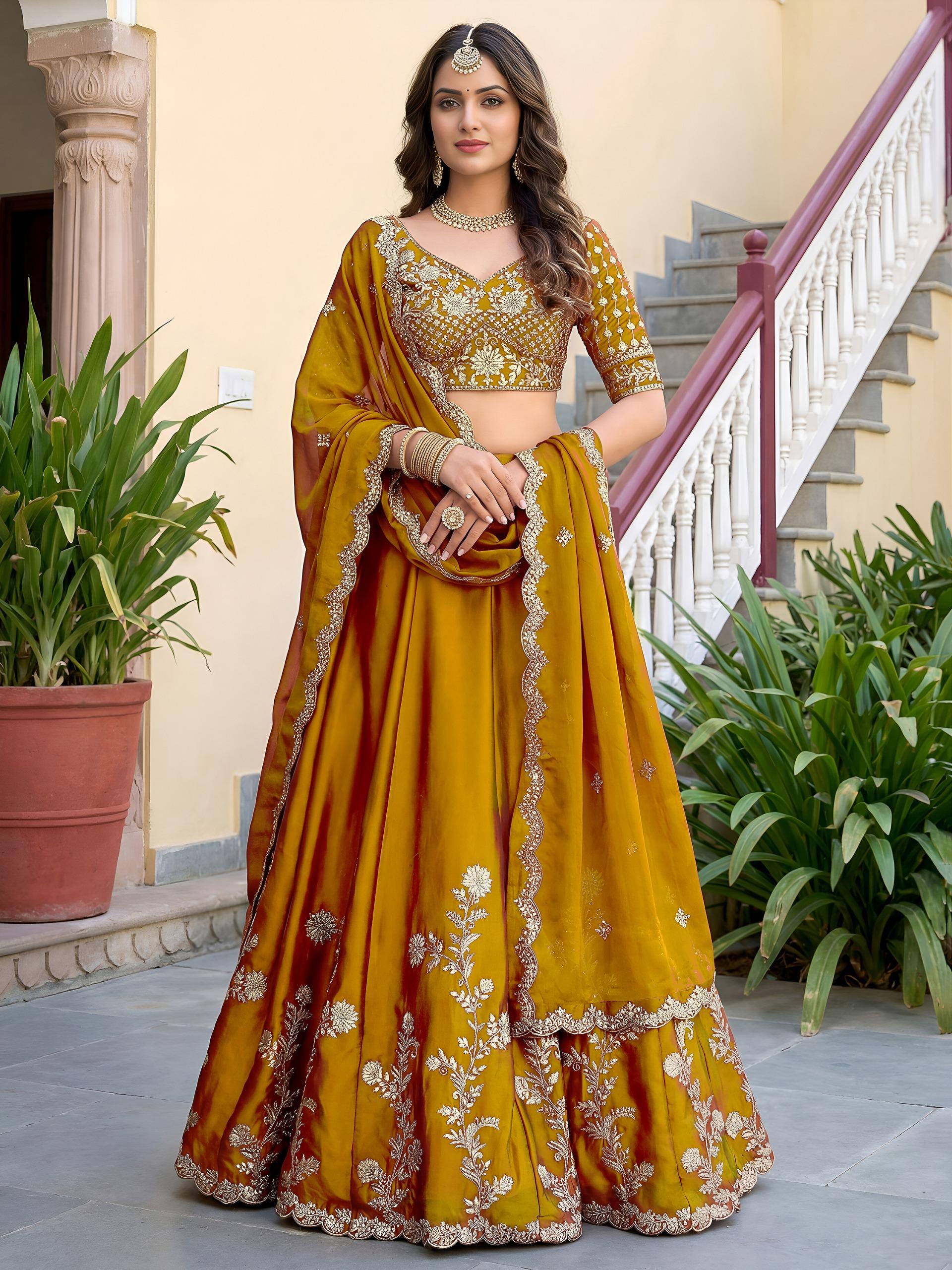 Women s Mustard Rangoli Silk Lehenga Choli Set with Dupatta | Dori Zari Sequins Embroidery | Semi-Stitched Wedding Bridal Lehenga Unstiched