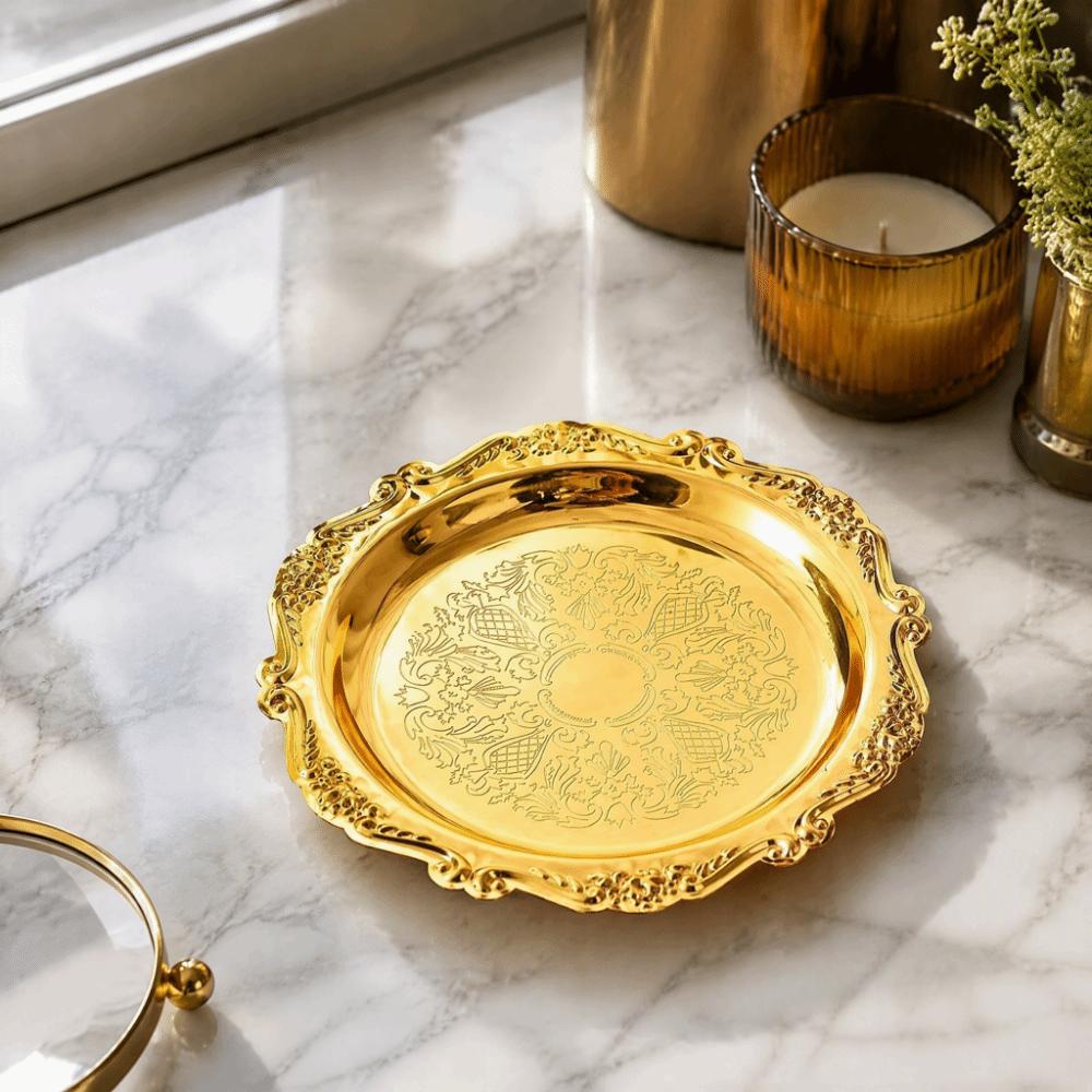 2pcs Golden Color Metal Serving Plate Carved Edge Round Food Tray For Holiday Party