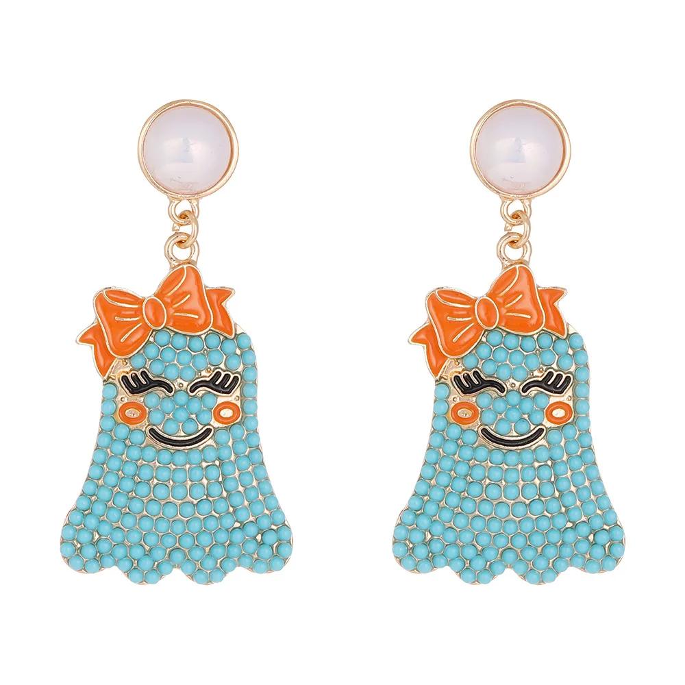 2024 European American New Creative Halloween Cute Cartoon Bow Ghost Rice Bead Earrings Alloy Pearl Earrings Design Jewelry Gift