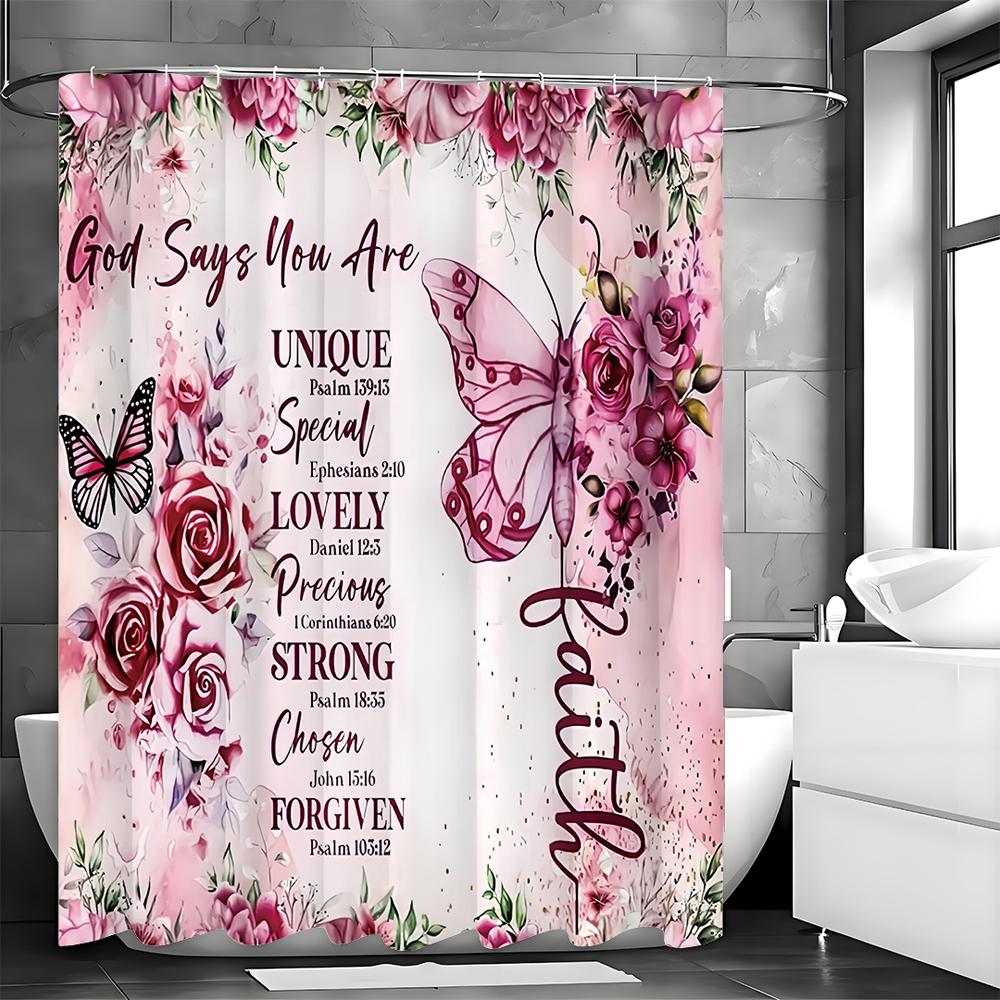 

Butterfly Inspirational Quotes Bible Verses Floral Shower Curtain, Bathroom Decorative Shower Curtain, Waterproof Shower Curtain 90*180cm