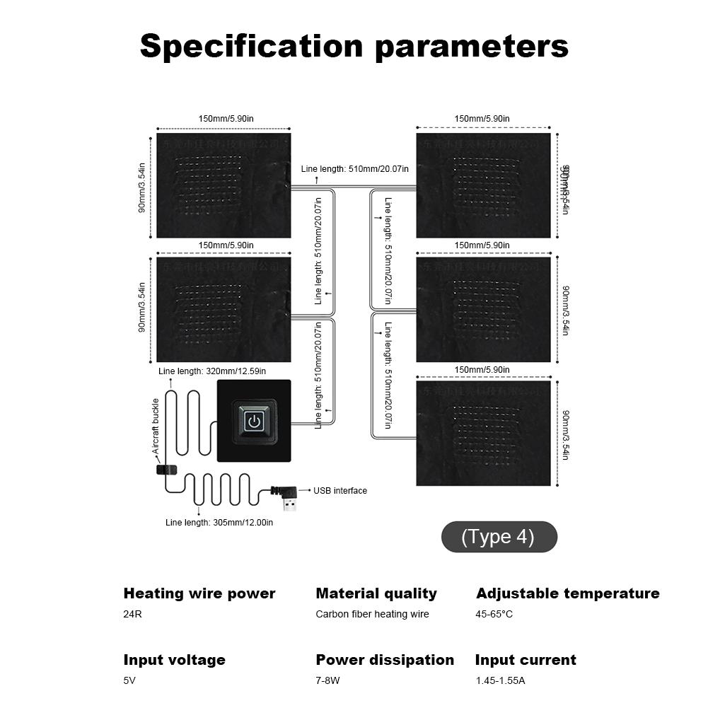 5V USB Heat Mat Carbon Fiber Cloth Jacket Heating Pad 3 Gear Temperature Control Electric Heating Sheet Heater Pads for Clothing