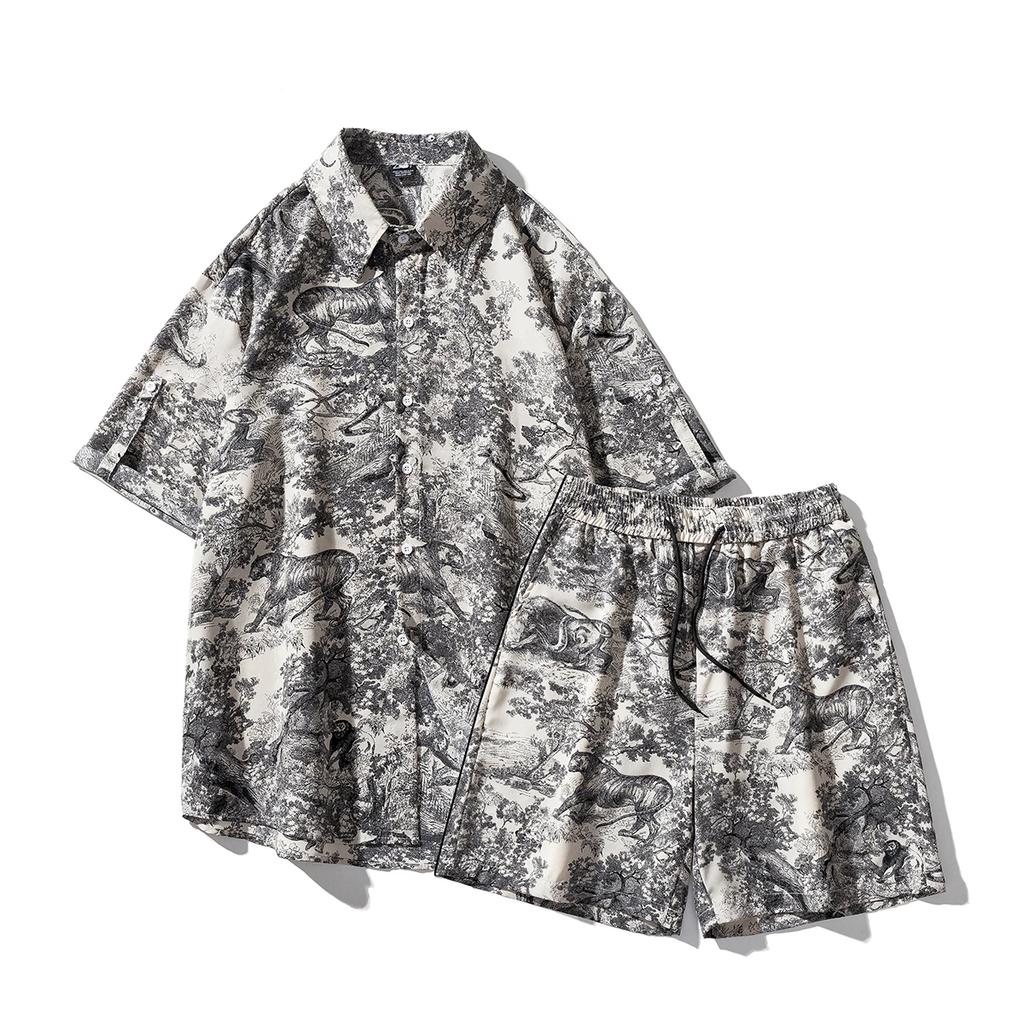 2026 Summer Men Casual Print Sets Men Short Sleeve Single Breasted Shirt+Shorts Set Male Beach Shorts Home Clothes Set